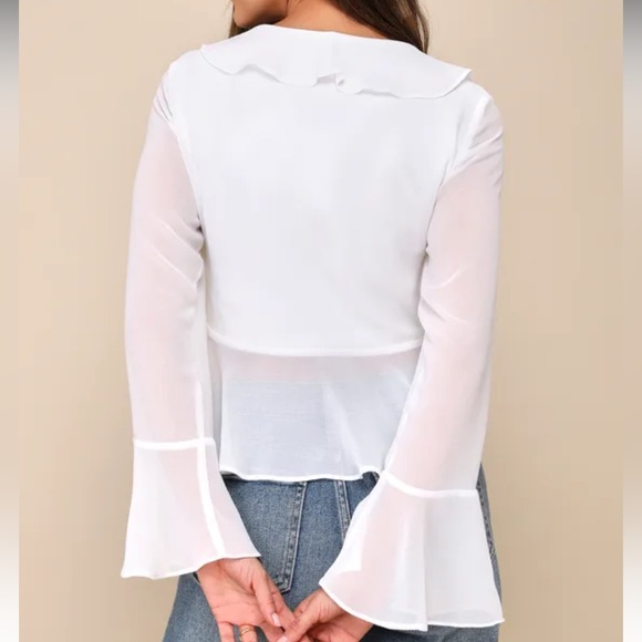 Lulus White Chiffon Ruffled Long Sleeve Tie-Front Top,Large, NWT - Picture 4 of 10